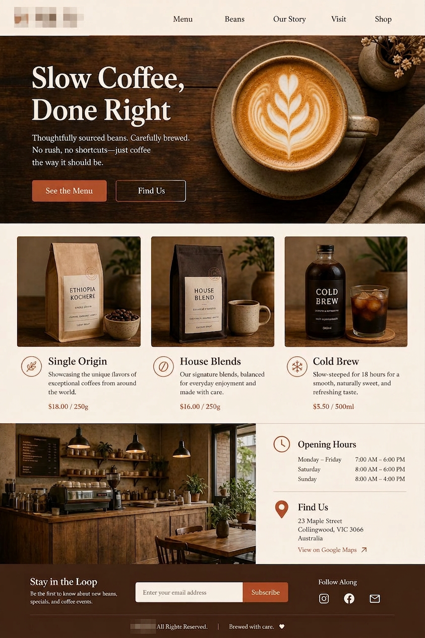 Coffee shop landing page